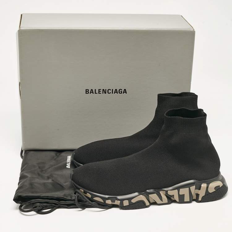 Pre Owned Balenciaga Black Knit Fabric Graffiti Speed Trainer Sneakers Size 44