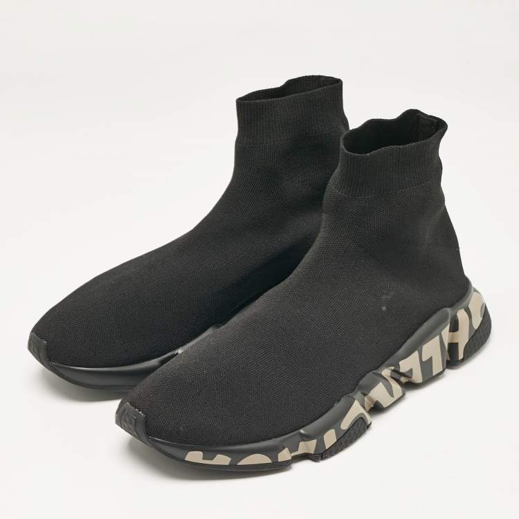 Pre Owned Balenciaga Black Knit Fabric Graffiti Speed Trainer Sneakers Size 44