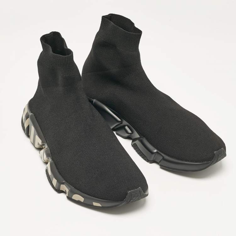 Pre Owned Balenciaga Black Knit Fabric Graffiti Speed Trainer Sneakers Size 44