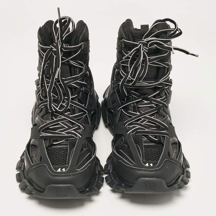 Pre Owned Balenciaga Black Mesh and Faux Leather Track Hike High Top Sneakers Size 41
