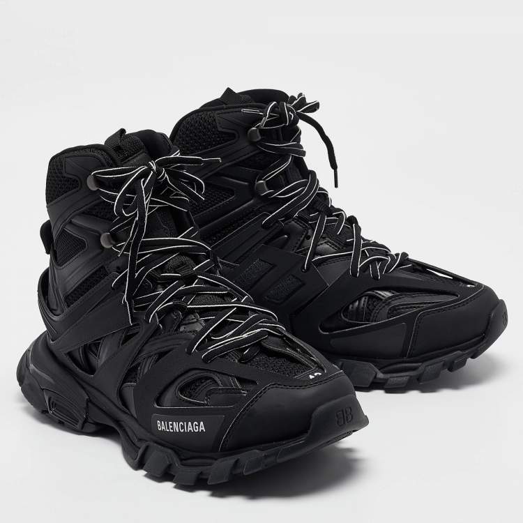 Pre Owned Balenciaga Black Mesh and Faux Leather Track Hike High Top Sneakers Size 43