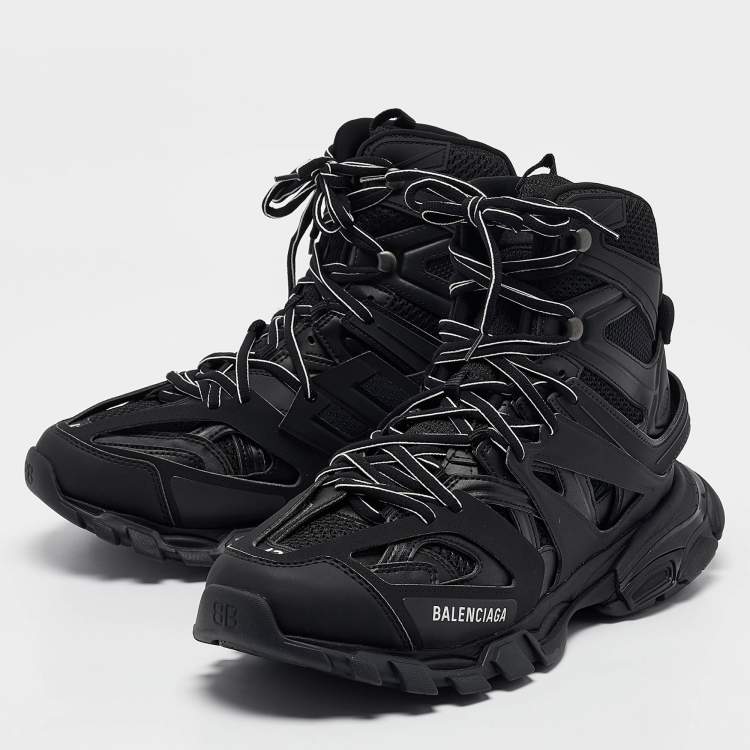 Pre Owned Balenciaga Black Mesh and Faux Leather Track Hike High Top Sneakers Size 43