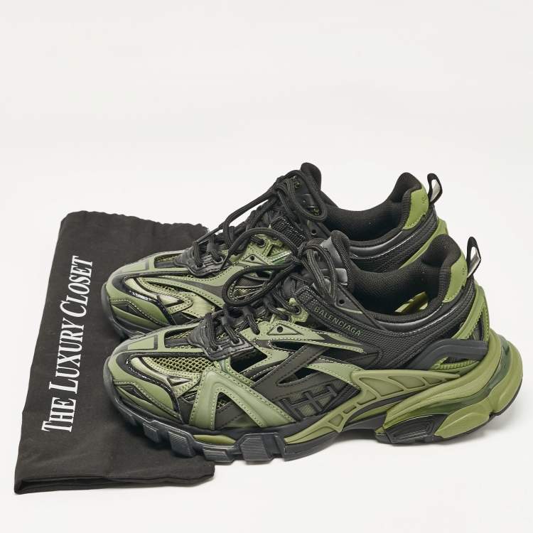 Pre Owned Balenciaga Green/Black Faux Leather and Mesh Track Sneakers Size 40