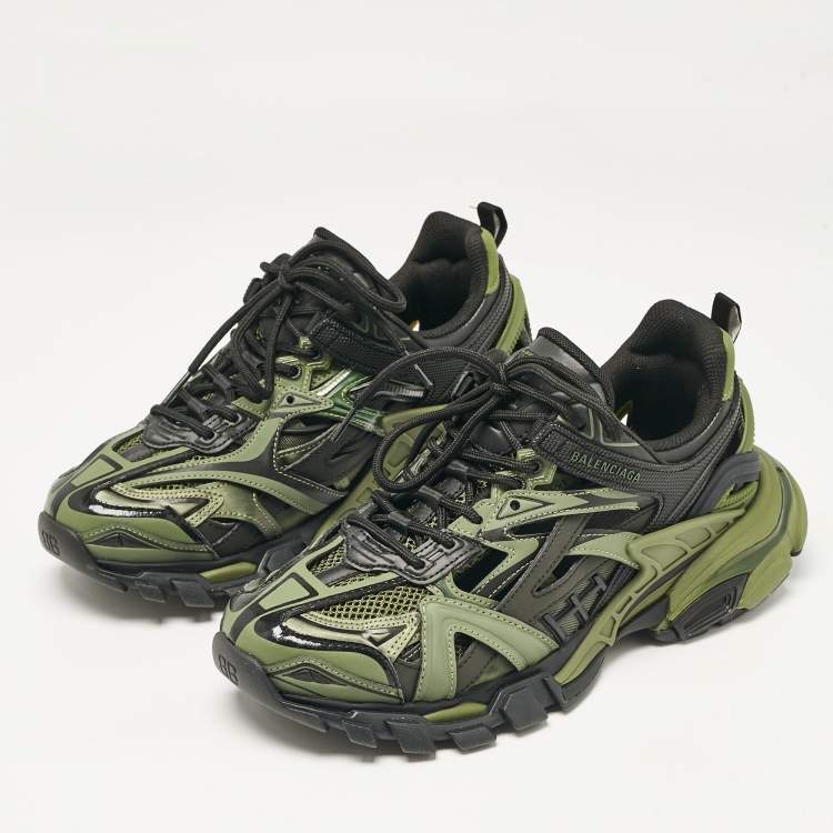 Pre Owned Balenciaga Green/Black Faux Leather and Mesh Track Sneakers Size 40