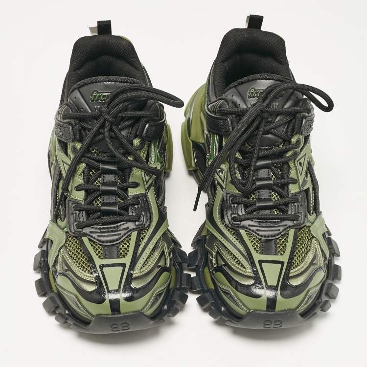 Pre Owned Balenciaga Green/Black Faux Leather and Mesh Track Sneakers Size 40