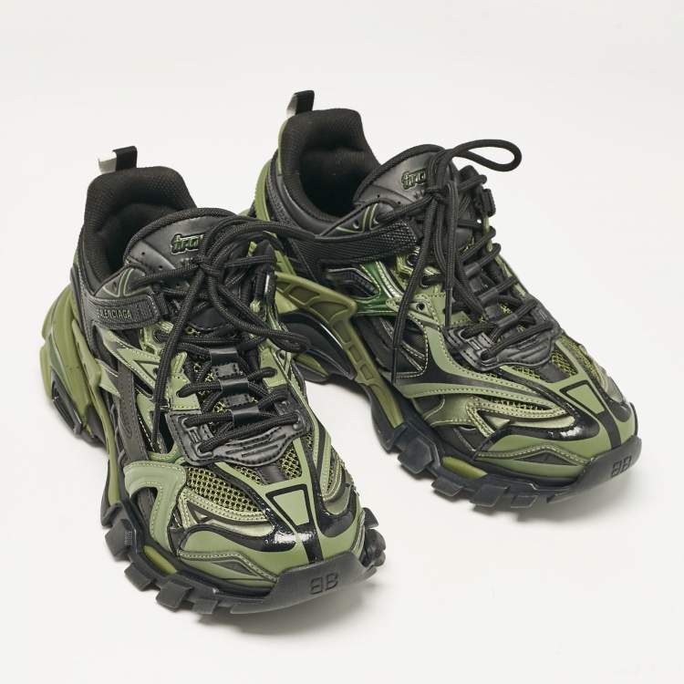 Pre Owned Balenciaga Green/Black Faux Leather and Mesh Track Sneakers Size 40