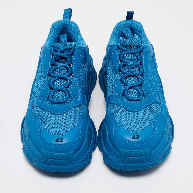Pre Owned Balenciaga Blue Mesh and Leather Triple S Sneakers Size 42
