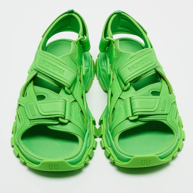 Pre Owned Balenciaga Neon Green Rubber and Faux Leather Track Sandals Size 44