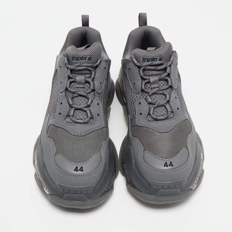 Pre Owned Balenciaga Grey Faux Leather and Mesh Triple S Clear Sole Sneakers Size 44