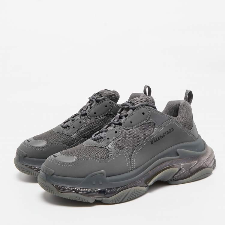Pre Owned Balenciaga Grey Faux Leather and Mesh Triple S Clear Sole Sneakers Size 44