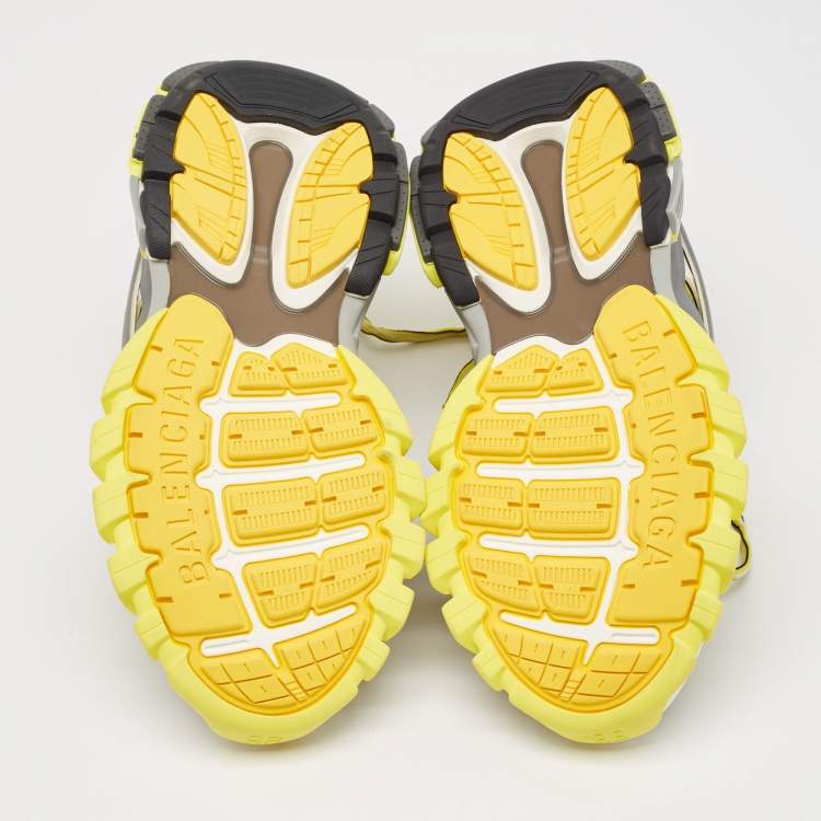 Pre Owned Balenciaga Yellow/Grey Faux Leather and Mesh Track Sneakers Size 42