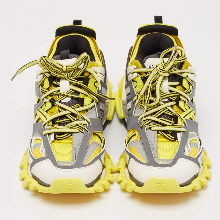Pre Owned Balenciaga Yellow/Grey Faux Leather and Mesh Track Sneakers Size 42