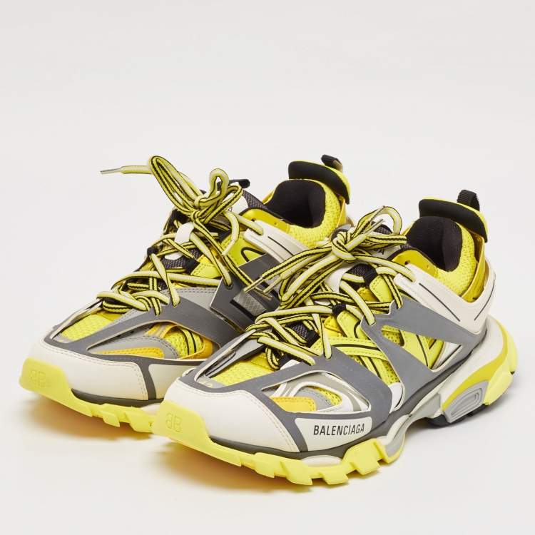 Pre Owned Balenciaga Yellow/Grey Faux Leather and Mesh Track Sneakers Size 42