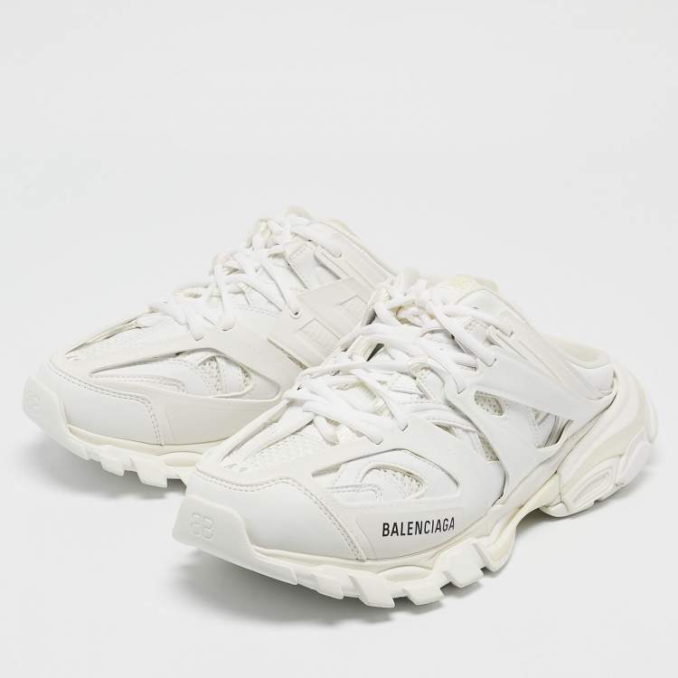 Pre Owned Balenciaga White Faux Leather Track Mules Size 41