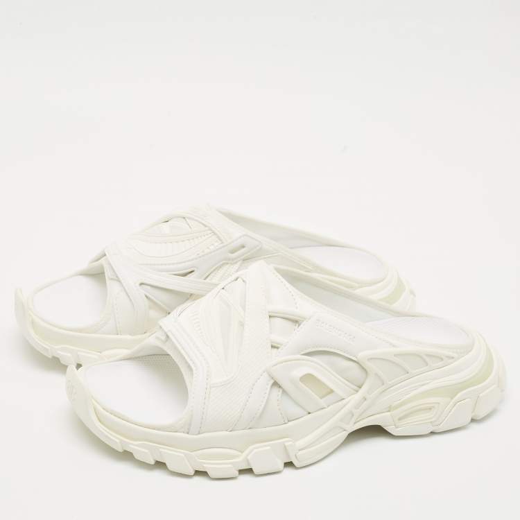Pre Owned Balenicaga White Neoprene and Faux Leather Track Slide Sandals Size 41