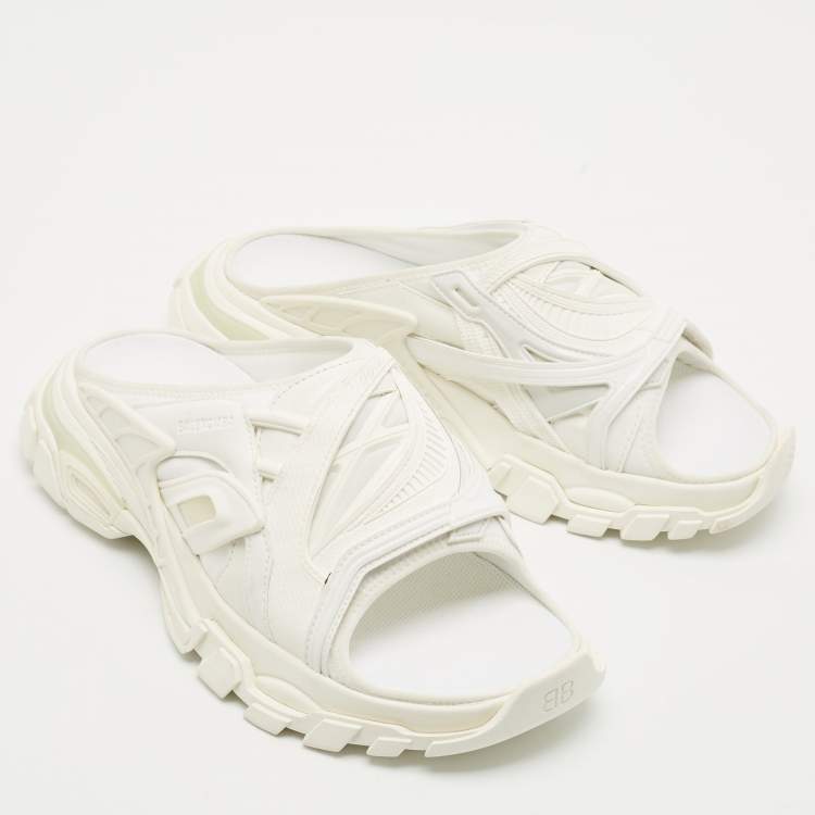 Pre Owned Balenicaga White Neoprene and Faux Leather Track Slide Sandals Size 41