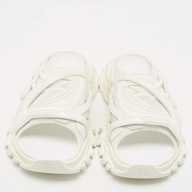Pre Owned Balenicaga White Neoprene and Faux Leather Track Slide Sandals Size 41