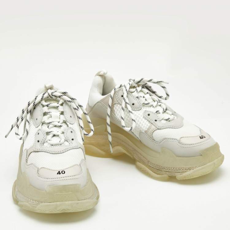 Pre Owned Balenciaga White Leather and Mesh Triple S Clear Sole Sneakers Size 40
