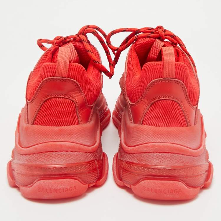 Pre Owned Balenciaga Red Leather and Mesh Triple S Clear Sole Sneakers Size 41