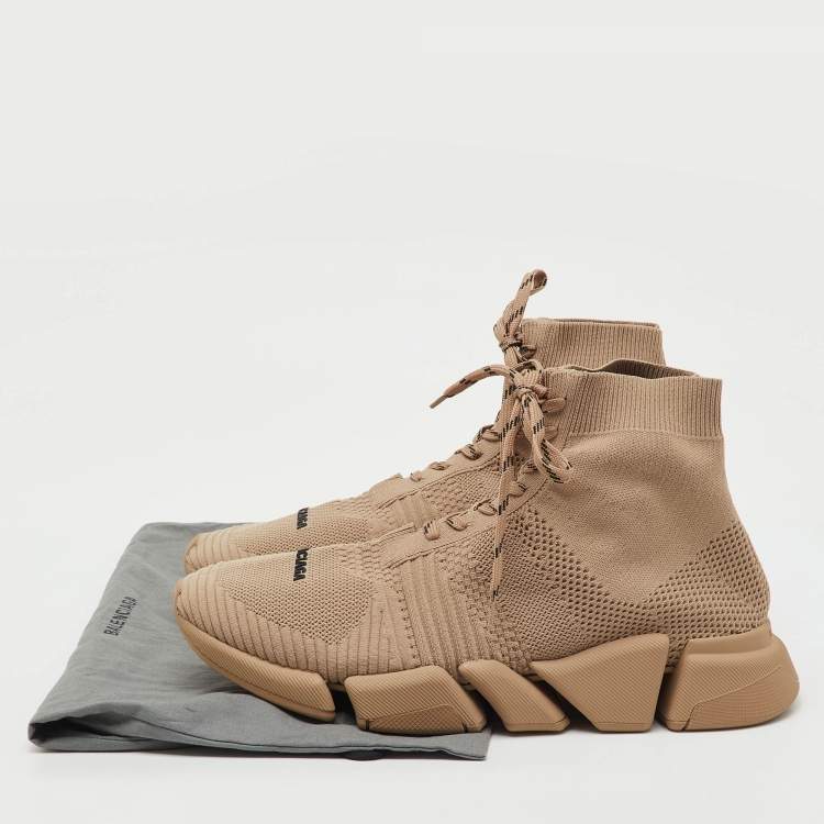 Pre Owned Balenciaga Beige Knit Fabric Speed 2.0 Lace Up High Top Sneakers Size 45