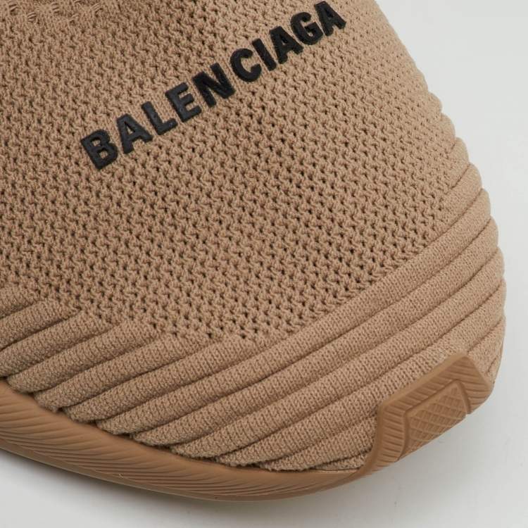 Pre Owned Balenciaga Beige Knit Fabric Speed 2.0 Lace Up High Top Sneakers Size 45