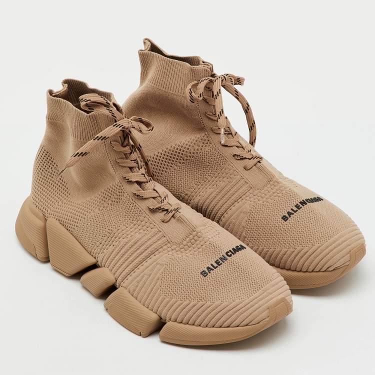 Pre Owned Balenciaga Beige Knit Fabric Speed 2.0 Lace Up High Top Sneakers Size 45