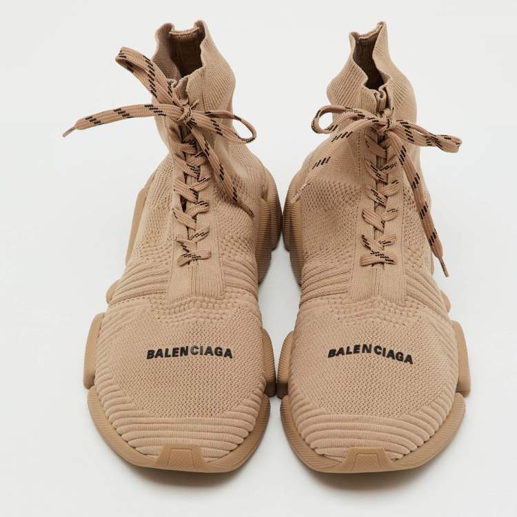 Pre Owned Balenciaga Beige Knit Fabric Speed 2.0 Lace Up High Top Sneakers Size 45