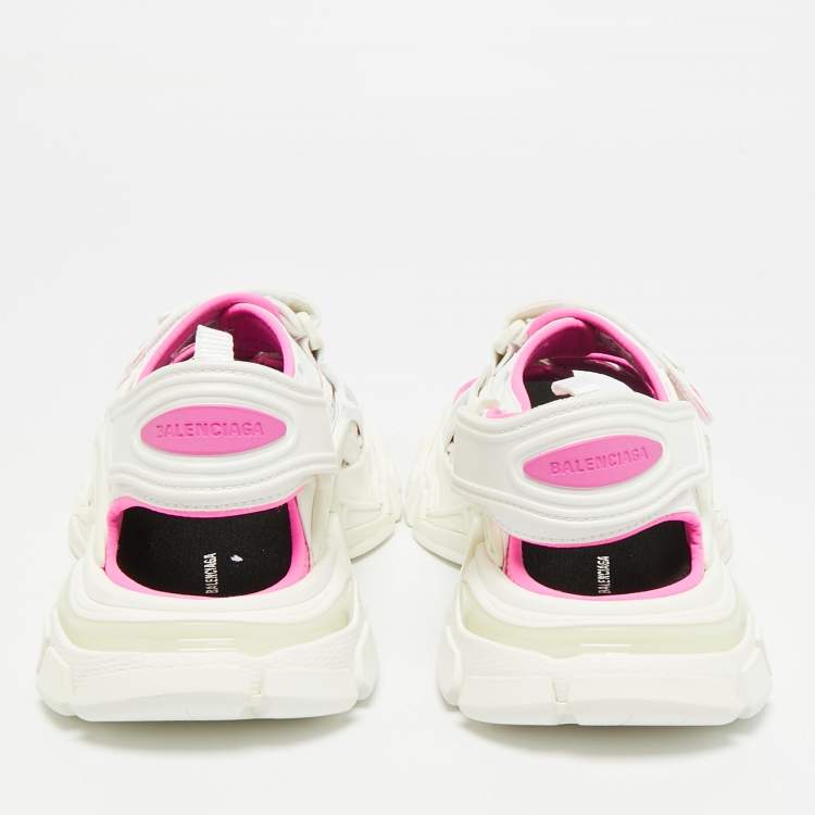Pre Owned Balenciaga Track Size 38 White/Pink Faux Leather and Rubber Flat Sandals