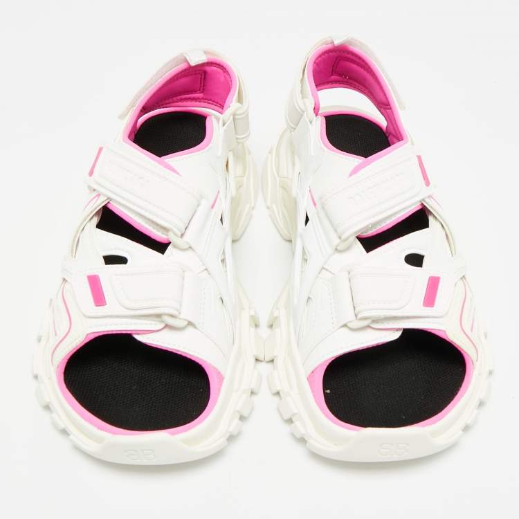 Pre Owned Balenciaga Track Size 38 White/Pink Faux Leather and Rubber Flat Sandals