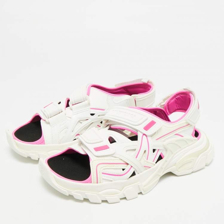 Pre Owned Balenciaga Track Size 38 White/Pink Faux Leather and Rubber Flat Sandals