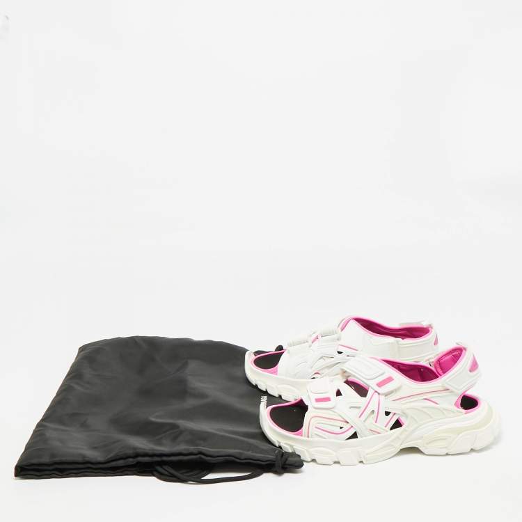 Pre Owned Balenciaga Track Size 38 White/Pink Faux Leather and Rubber Flat Sandals