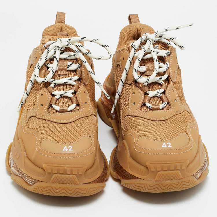 Pre Owned Balenciaga Triple S Size 42 Brown Faux Leather and Mesh Lace Up Sneakers