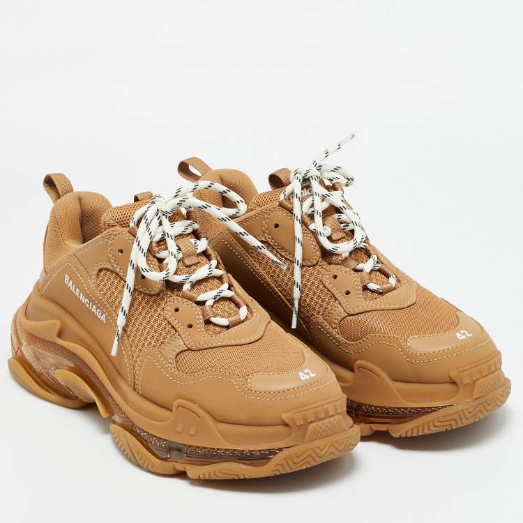 Pre Owned Balenciaga Triple S Size 42 Brown Faux Leather and Mesh Lace Up Sneakers