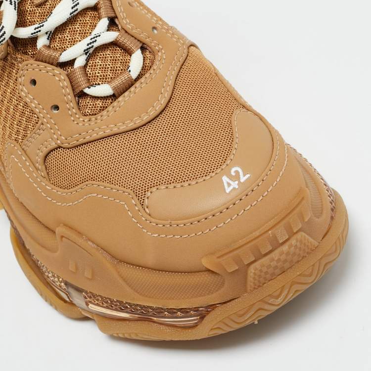 Pre Owned Balenciaga Triple S Size 42 Brown Faux Leather and Mesh Lace Up Sneakers