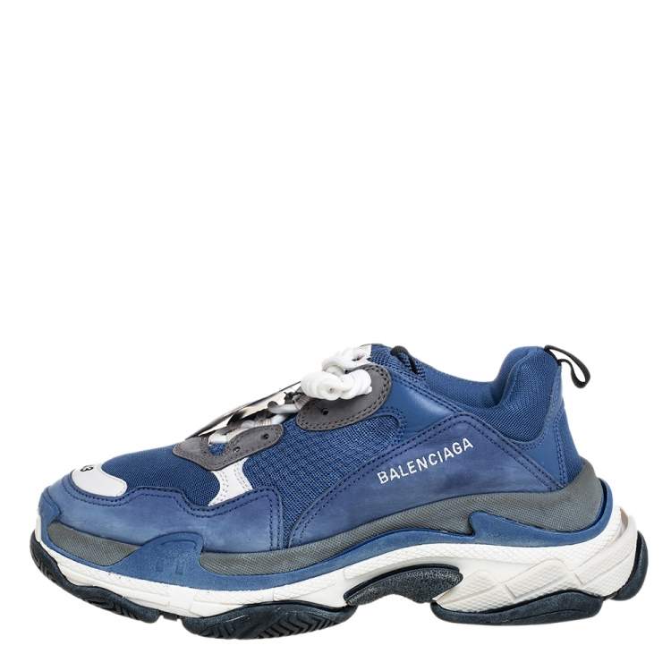 Balenciaga Blue/White Mesh And Leather Triple S Low Top Sneakers