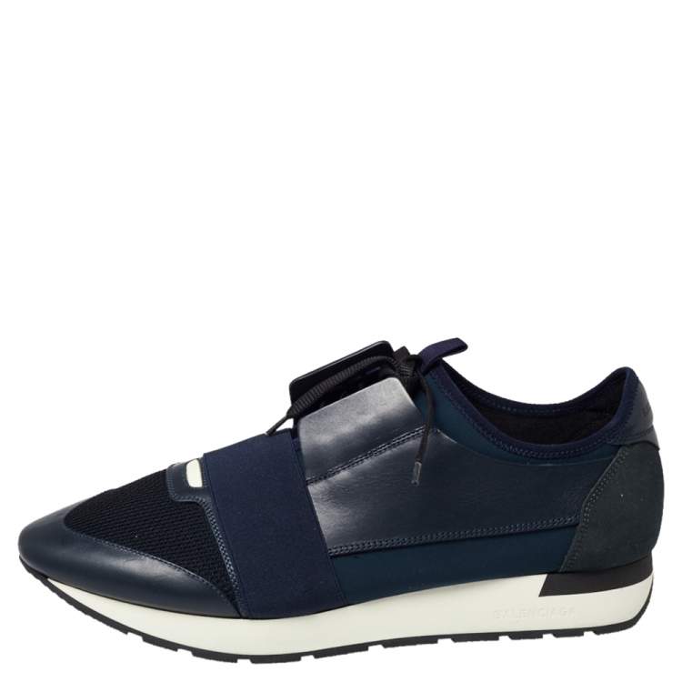 مملوكة مسبقًا Balenciaga Blue/Black Leather And Mesh Race Runner Low Top Sneakers Size 45