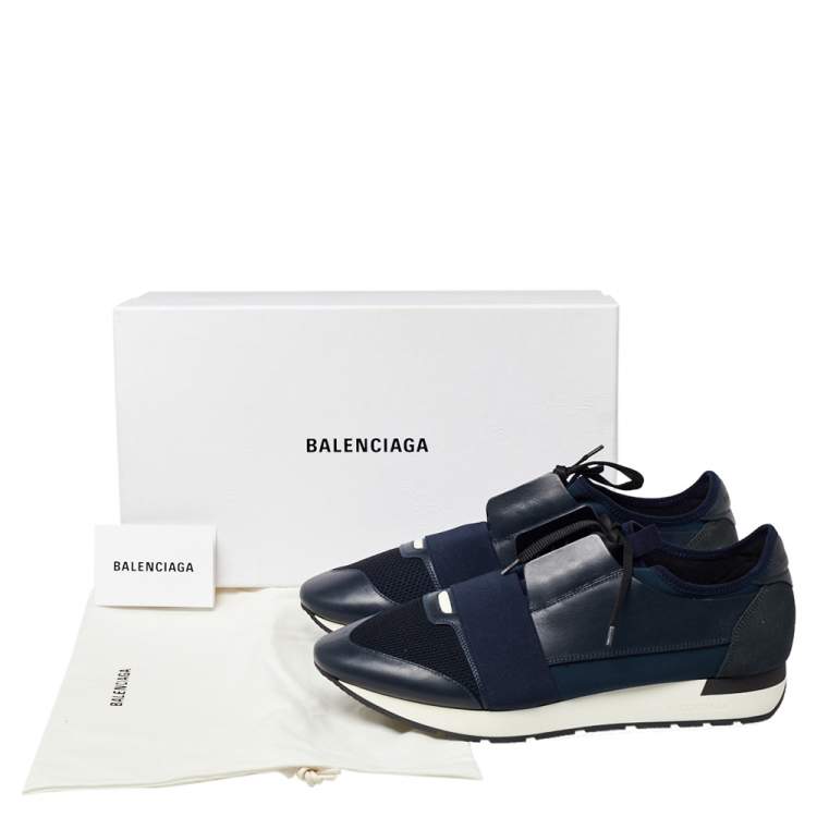 مملوكة مسبقًا Balenciaga Blue/Black Leather And Mesh Race Runner Low Top Sneakers Size 45