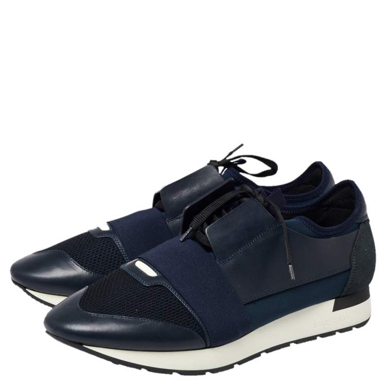 مملوكة مسبقًا Balenciaga Blue/Black Leather And Mesh Race Runner Low Top Sneakers Size 45