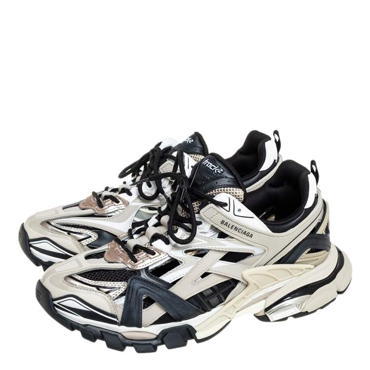 Pre Owned Balenciaga Beige/Black Mesh And Leather Track Sneakers Size 45