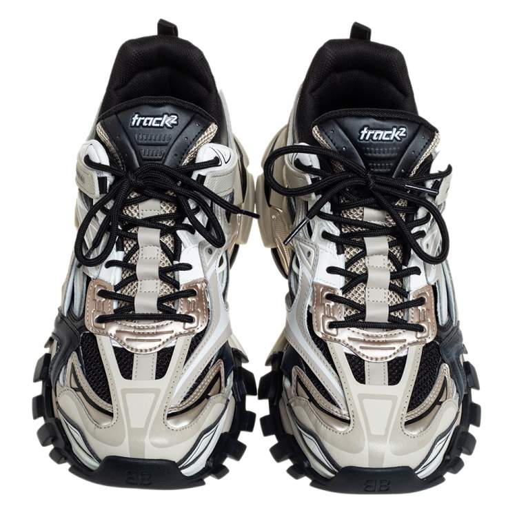 Pre Owned Balenciaga Beige/Black Mesh And Leather Track Sneakers Size 45
