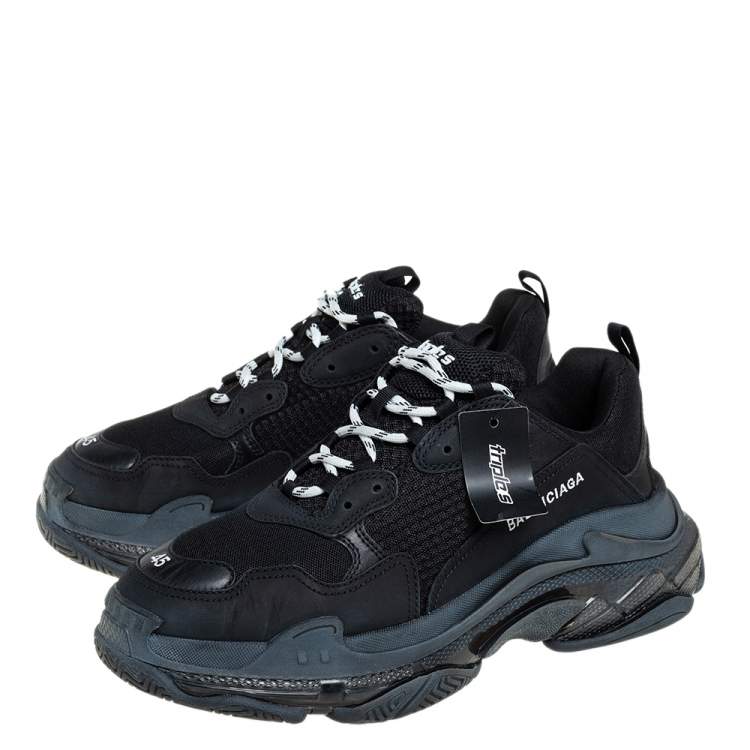 Pre Owned Balenciaga Black Mesh And Leather  Triple S Sneakers Size 45