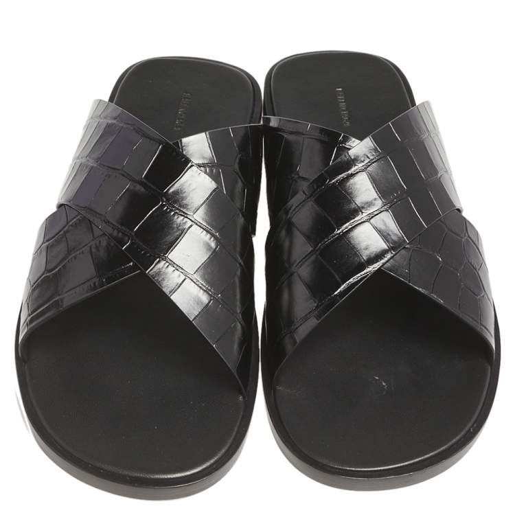 Pre Owned Balenciaga Black Croc Embossed Leather Cosy Crisscross Flat Slides Size 45