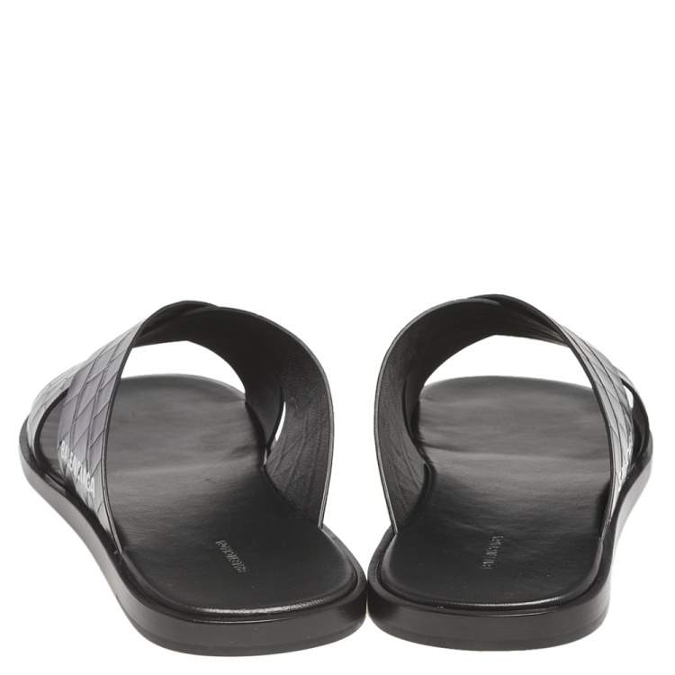 Pre Owned Balenciaga Black Croc Embossed Leather Cosy Crisscross Flat Slides Size 45