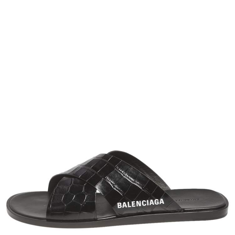 Pre Owned Balenciaga Black Croc Embossed Leather Cosy Crisscross Flat Slides Size 45
