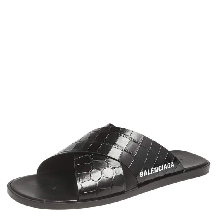 Pre Owned Balenciaga Black Croc Embossed Leather Cosy Crisscross Flat Slides Size 45