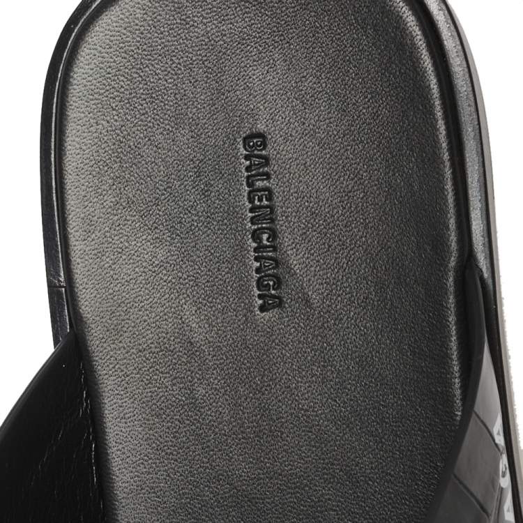 Pre Owned Balenciaga Black Croc Embossed Leather Cosy Crisscross Flat Slides Size 45
