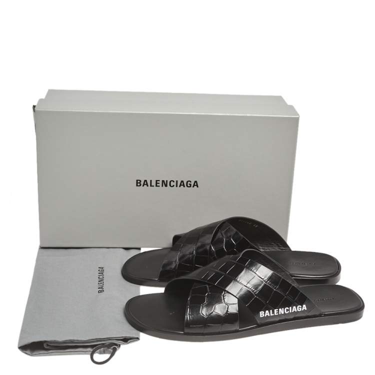 Pre Owned Balenciaga Black Croc Embossed Leather Cosy Crisscross Flat Slides Size 45