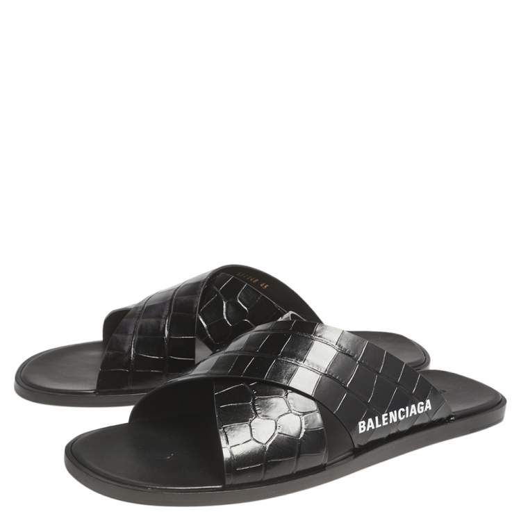 Pre Owned Balenciaga Black Croc Embossed Leather Cosy Crisscross Flat Slides Size 45