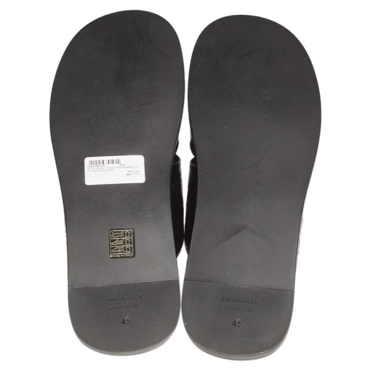 Pre Owned Balenciaga Black Croc Embossed Leather Cosy Crisscross Flat Slides Size 45