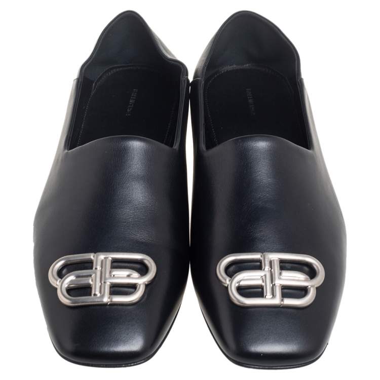 Pre Owned Balenciaga Black Leather BB Slip On Loafers Size 43